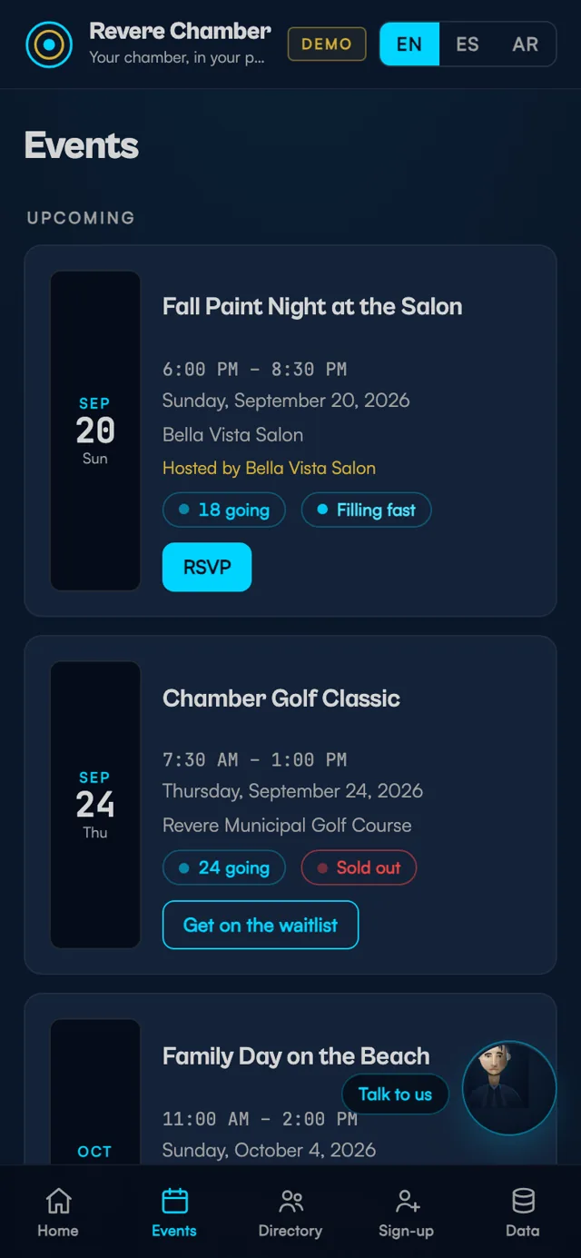 Member app — events screen with chamber events list