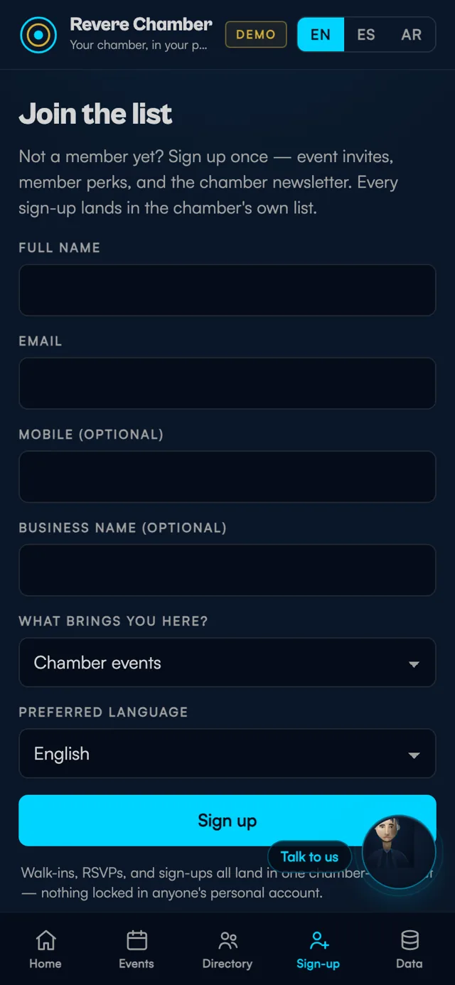 Member app — member sign-up screen