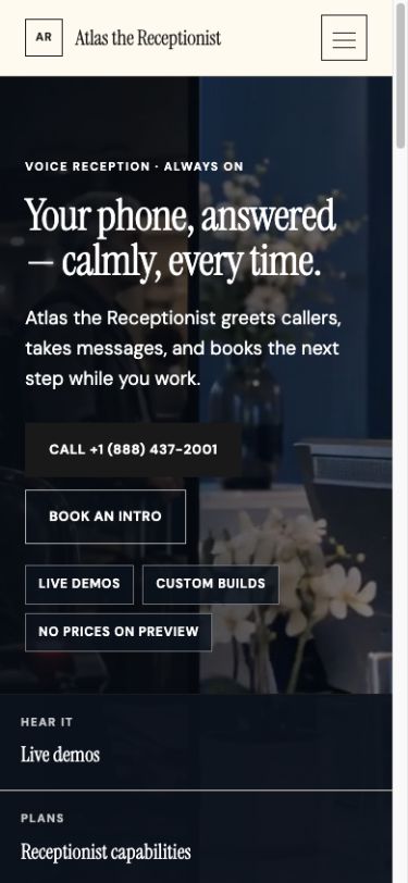 Atlas the Receptionist concept — mobile home preview