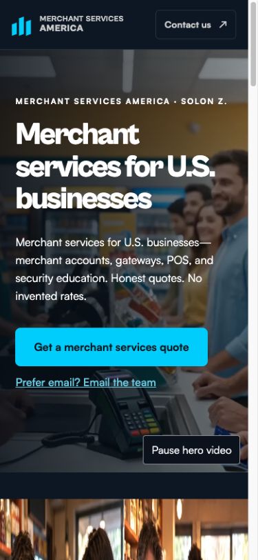 Merchant Services America concept — mobile home preview