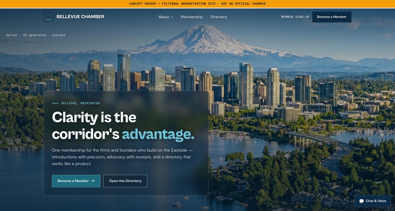 Bellevue Chamber concept — aerial still of the glass corridor under the headline "Clarity is the corridor's advantage."