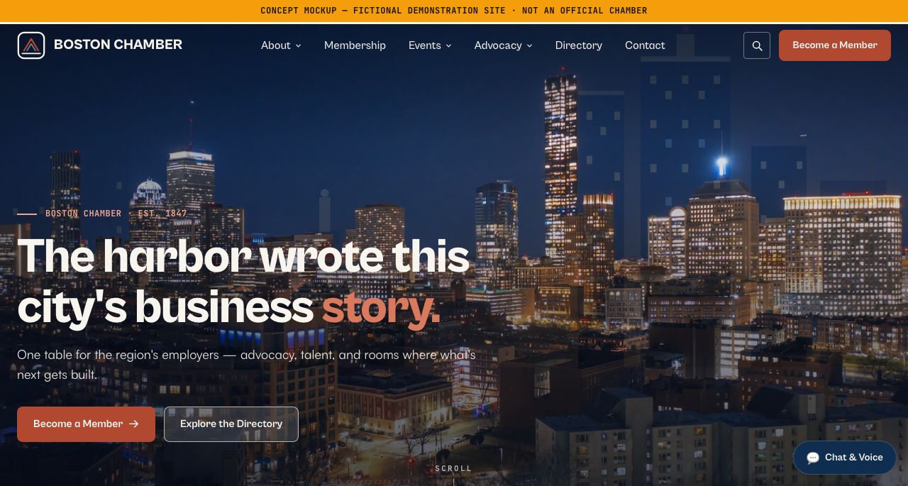 Boston Chamber concept — full-bleed night aerial film over the harbor under the headline 'The harbor wrote this city's business story.'