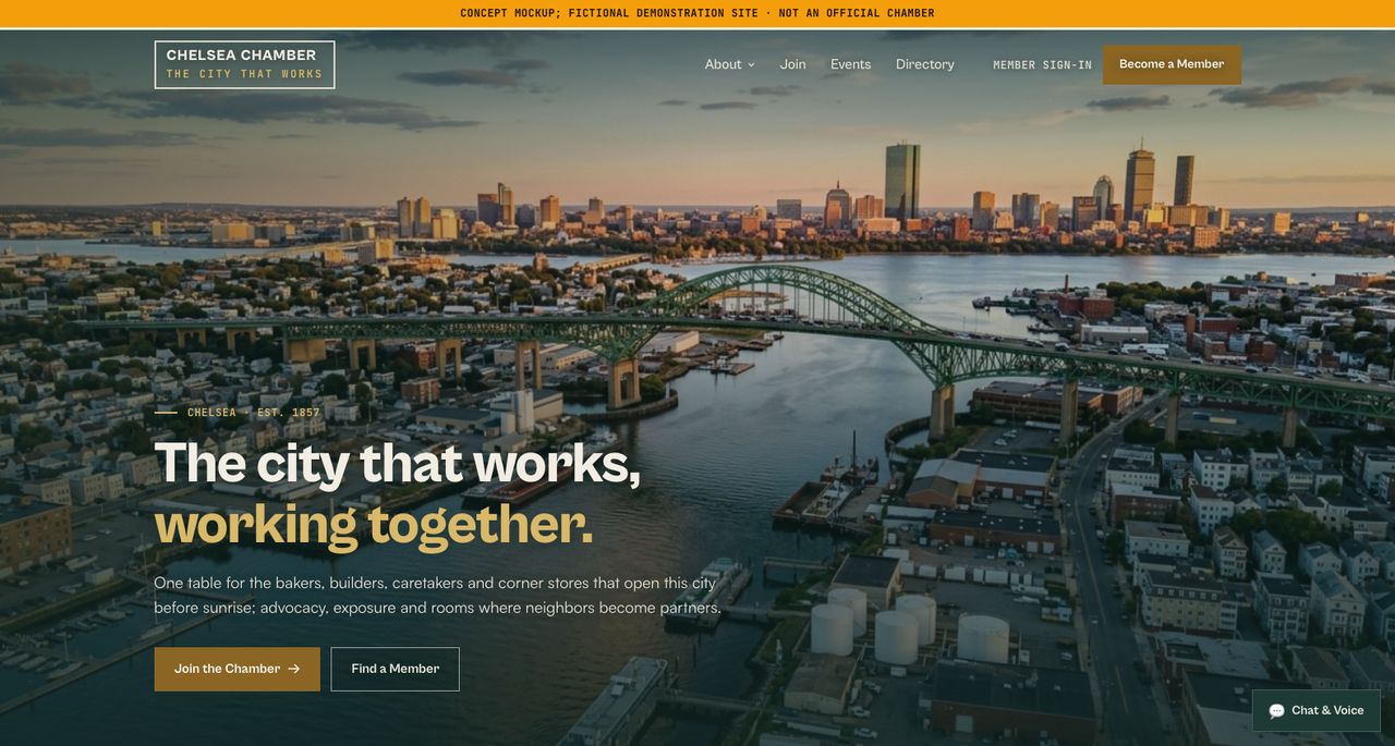 Chelsea Chamber concept — aerial still of the working waterfront under the headline "The city that works, working together."