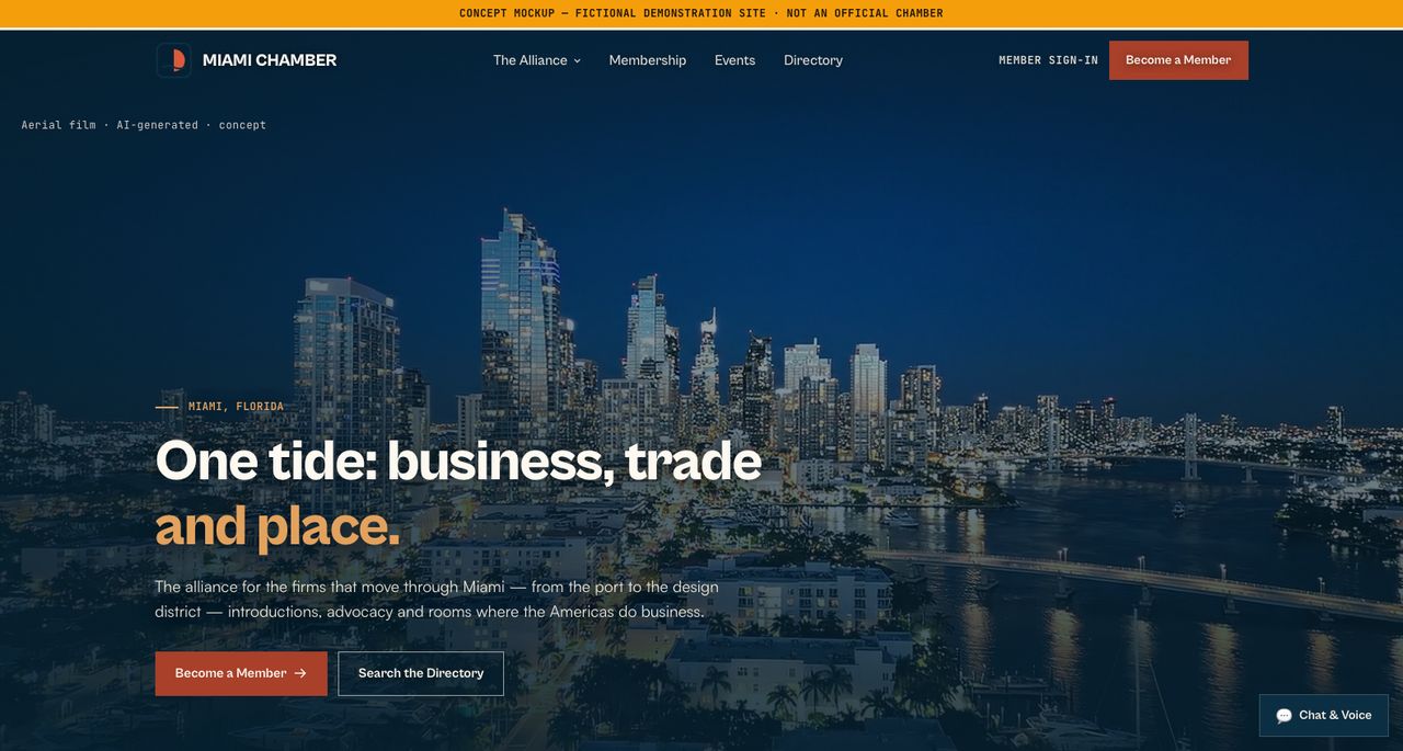 Miami Chamber concept — full-bleed aerial film over the deco skyline under the headline "One tide: business, trade, and place."
