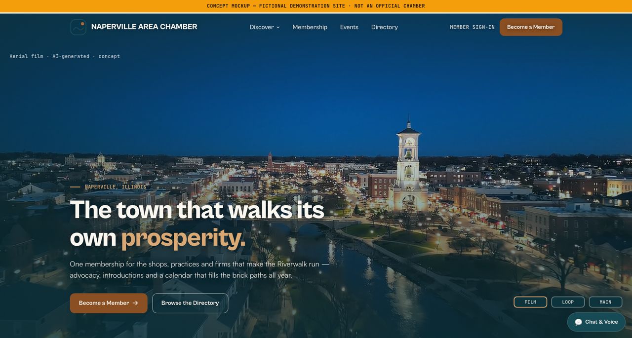 Naperville Area Chamber concept — aerial film over the Riverwalk under the headline "The town that walks its own prosperity."