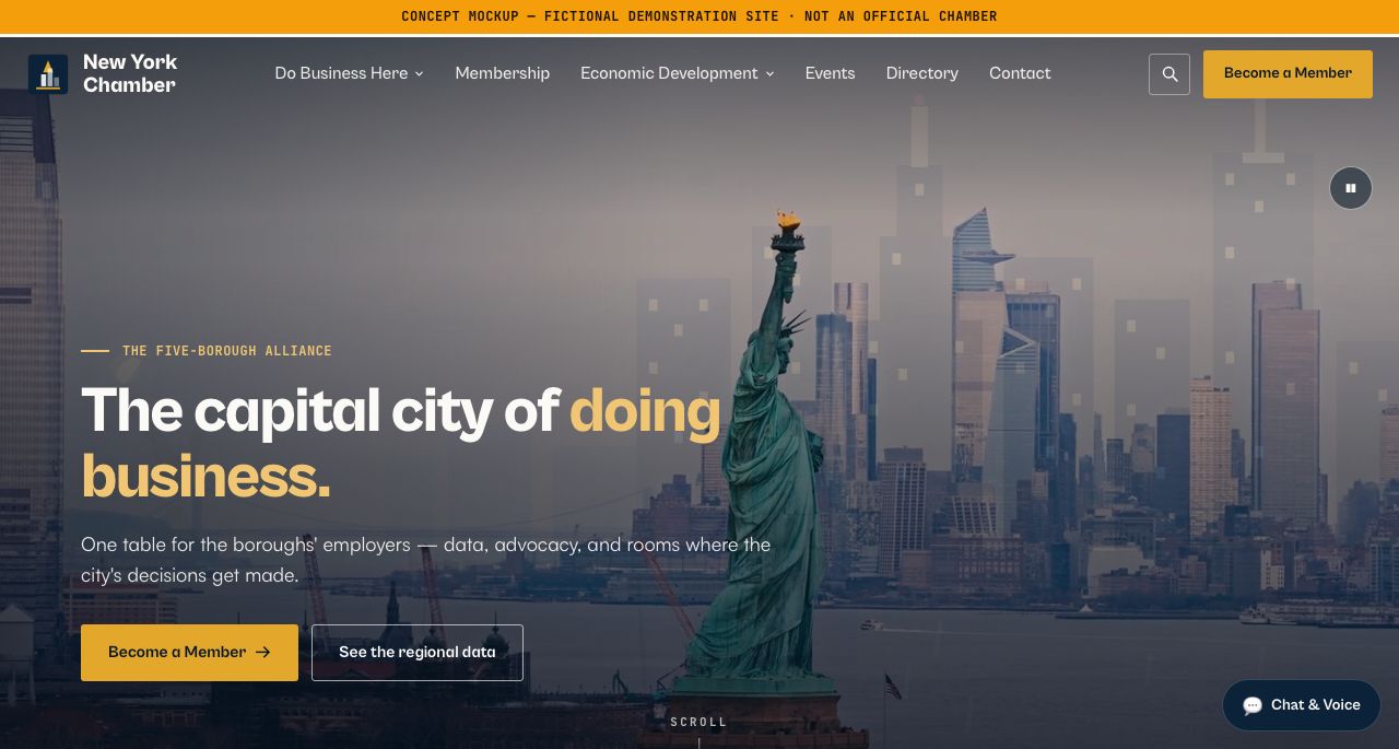 New York Chamber concept — full-bleed Liberty panorama film under the headline 'The capital city of doing business.'