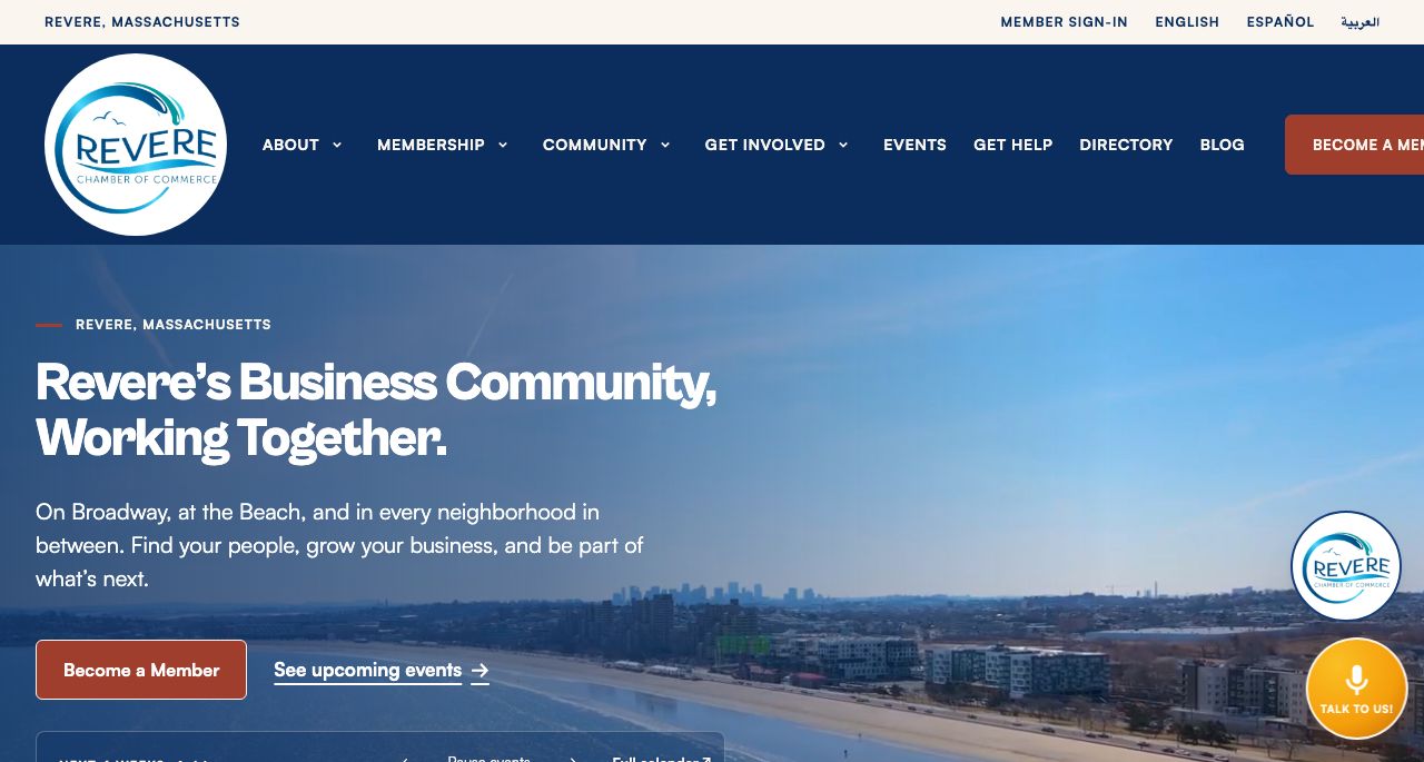 Revere Chamber — the live production chamber site: beach film hero, real events, member ads, trilingual content.