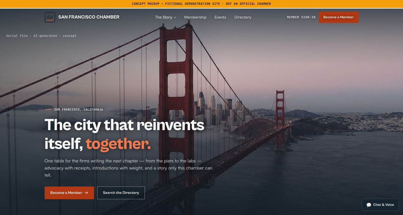 San Francisco Chamber concept — aerial film through the fog under the headline "The city that reinvents itself, together."